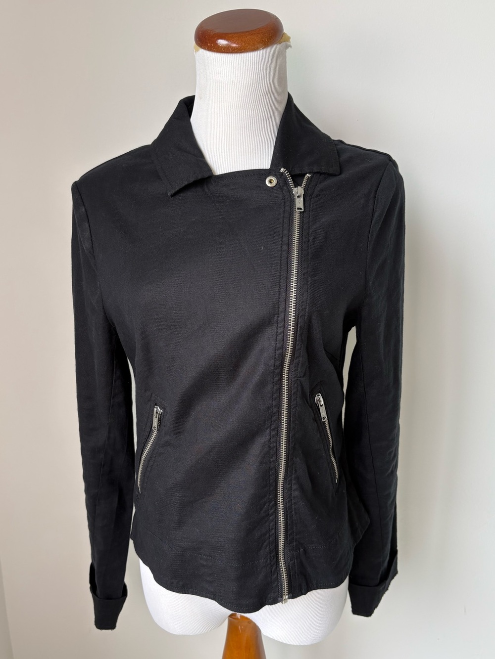 Evereve Jagger Black Moto Jacket Sz S Linen Blend Biker Edgy Grunge Zip Cropped